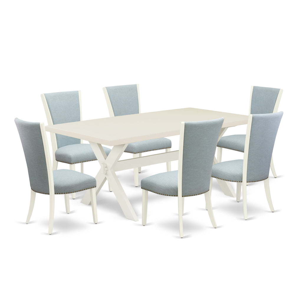 X027V2S7Y-D 7 Piece Dining Set with Rectangle Table and 6 Baby Blue Linen Chairs, Multi-Color, 40x72 Inch
