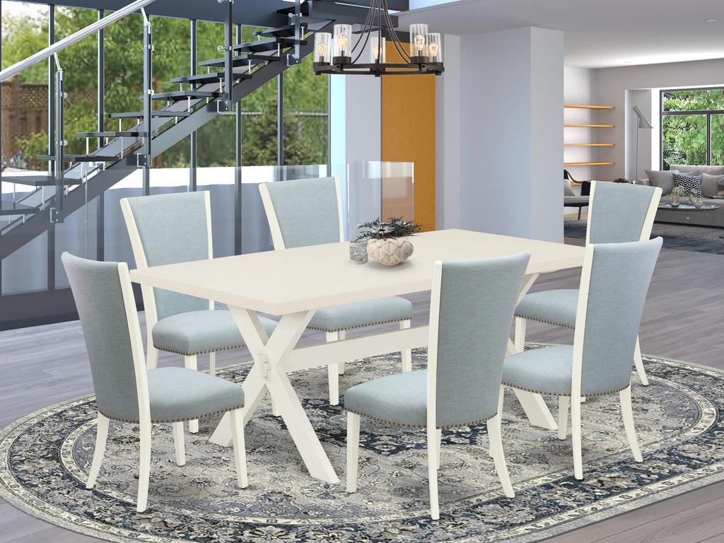 X027V2S7Y-D 7 Piece Dining Set with Rectangle Table and 6 Baby Blue Linen Chairs, Multi-Color, 40x72 Inch