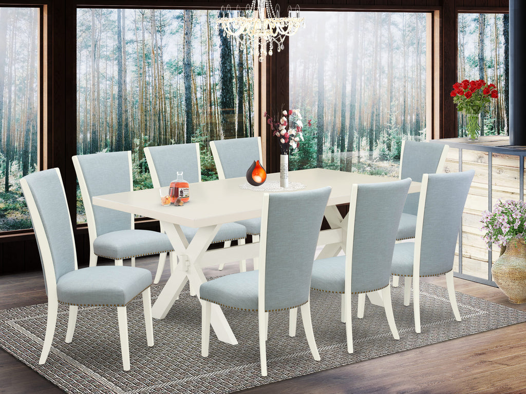 X027VQD3G-J Modern 9-Piece Rectangle Table Set with X-Base and 8 Baby Blue Linen Parsons Chairs