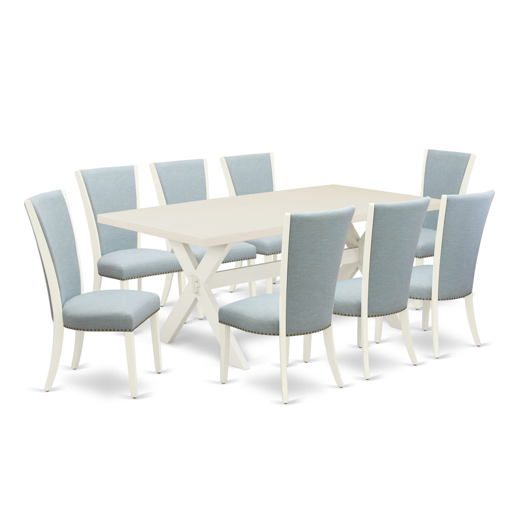 X027VQD3G-J Modern 9-Piece Rectangle Table Set with X-Base and 8 Baby Blue Linen Parsons Chairs