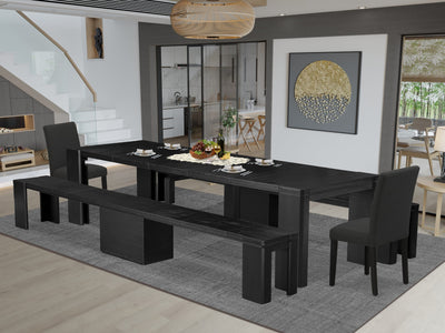 5-Piece Seating Set X02AB-13X-PV Rectangular Table, 2 Benches & 2 Black Chairs in Wire-Brushed Finish