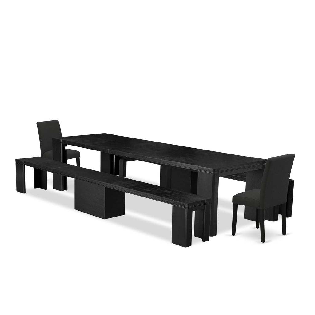 5-Piece Seating Set X02AB-13X-PV Rectangular Table, 2 Benches & 2 Black Chairs in Wire-Brushed Finish