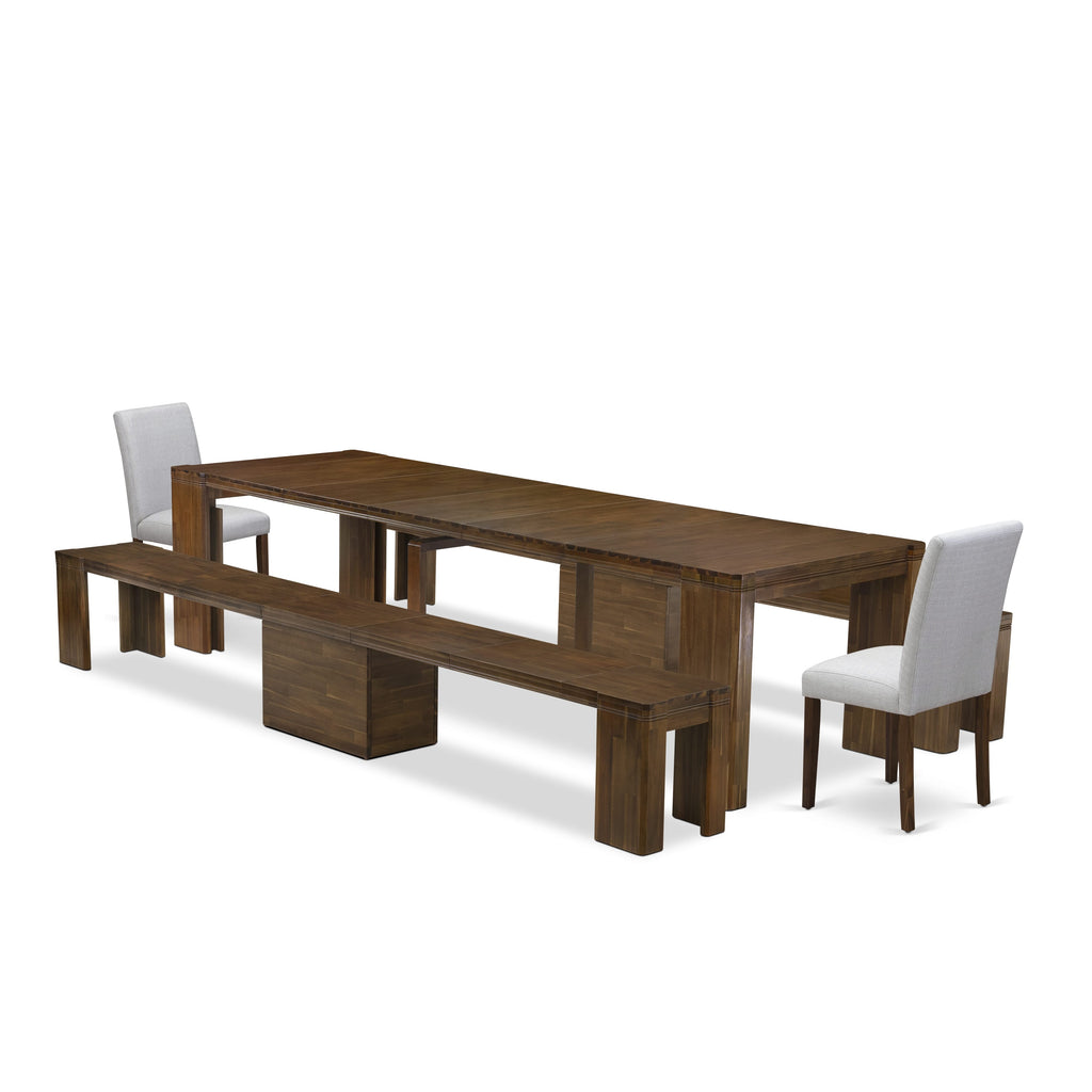 X02AB-BOV-17 Elegant Dining Suite with Expandable Rectangular Table, Chairs & Benches in Antique Walnut for 5