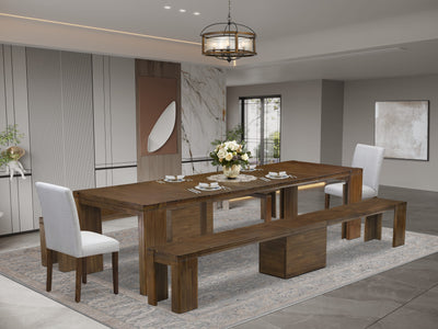X02AB-BOV-17 Elegant Dining Suite with Expandable Rectangular Table, Chairs & Benches in Antique Walnut for 5