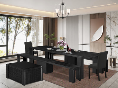 X02AB-VYS-Q6 5-Pc Dining Table Ensemble Chic Dining Setup with Rectangular Table, Benches & Black Chairs