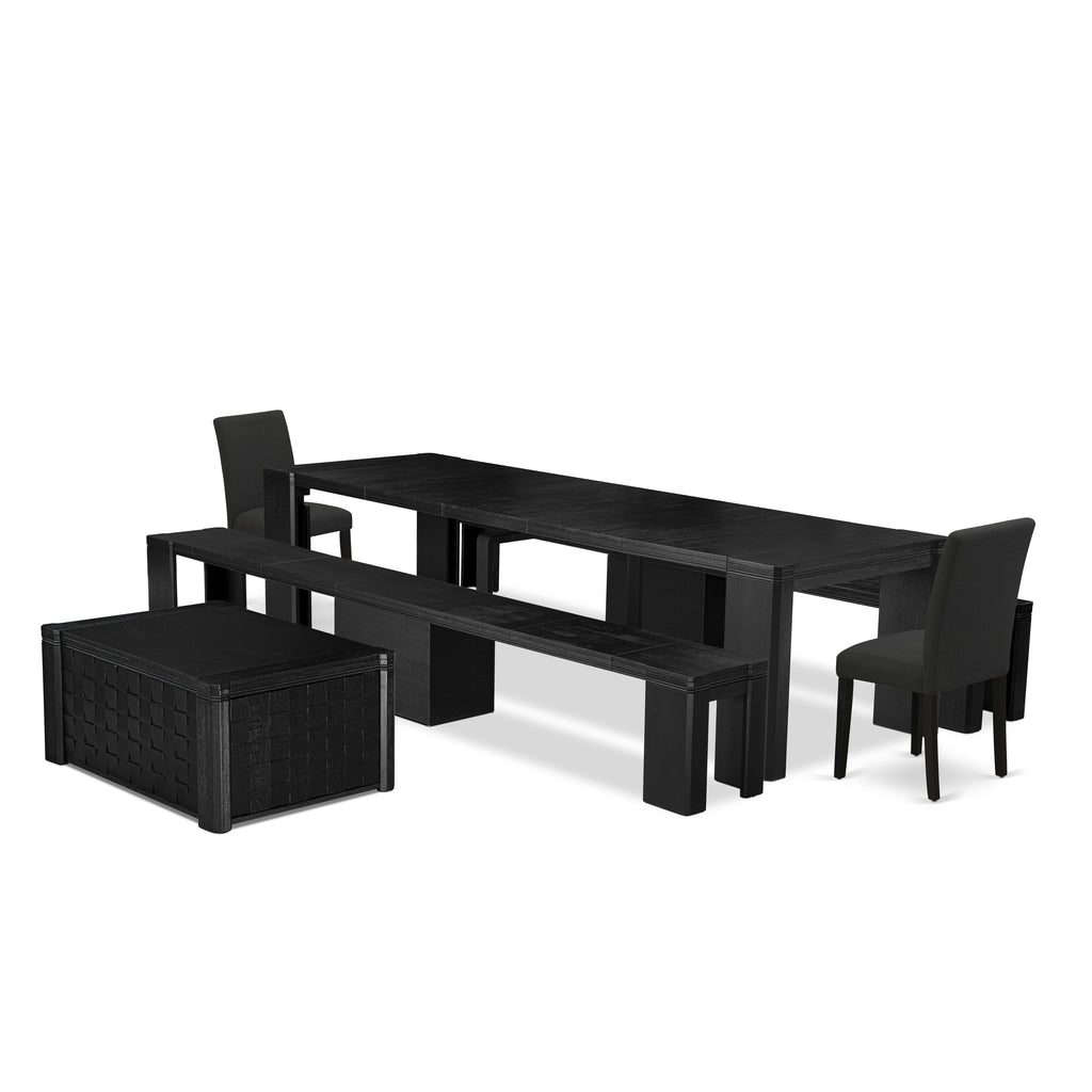 X02AB-VYS-Q6 5-Pc Dining Table Ensemble Chic Dining Setup with Rectangular Table, Benches & Black Chairs