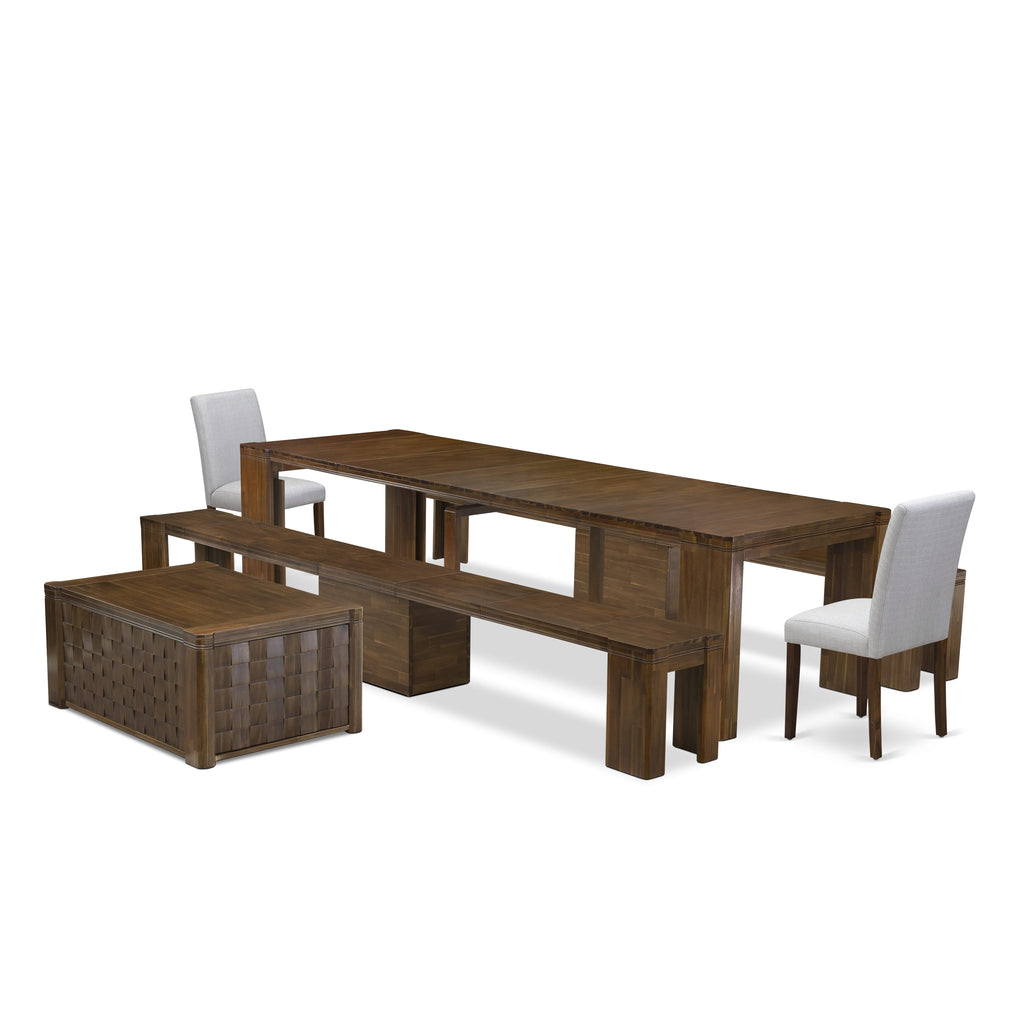 Antique Walnut Dining Experience Set - SKUX02AB-45W-48 - 6-Piece Extendable Table with Chairs & Benches