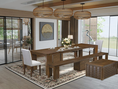 Antique Walnut Dining Experience Set - SKUX02AB-45W-48 - 6-Piece Extendable Table with Chairs & Benches