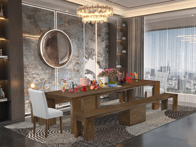 X02AS-JCQ-L9 5-Piece Antique Dining Set with Rectangle Table, Chairs, and Benches, Walnut Finish