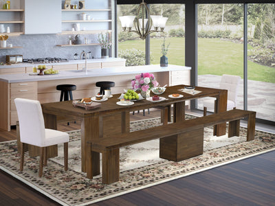 X02AS-ESD-1E Elegant Extendable Dining Ensemble Rectangle Table, 2 Chairs, 2 Benches – Antique Walnut Finish