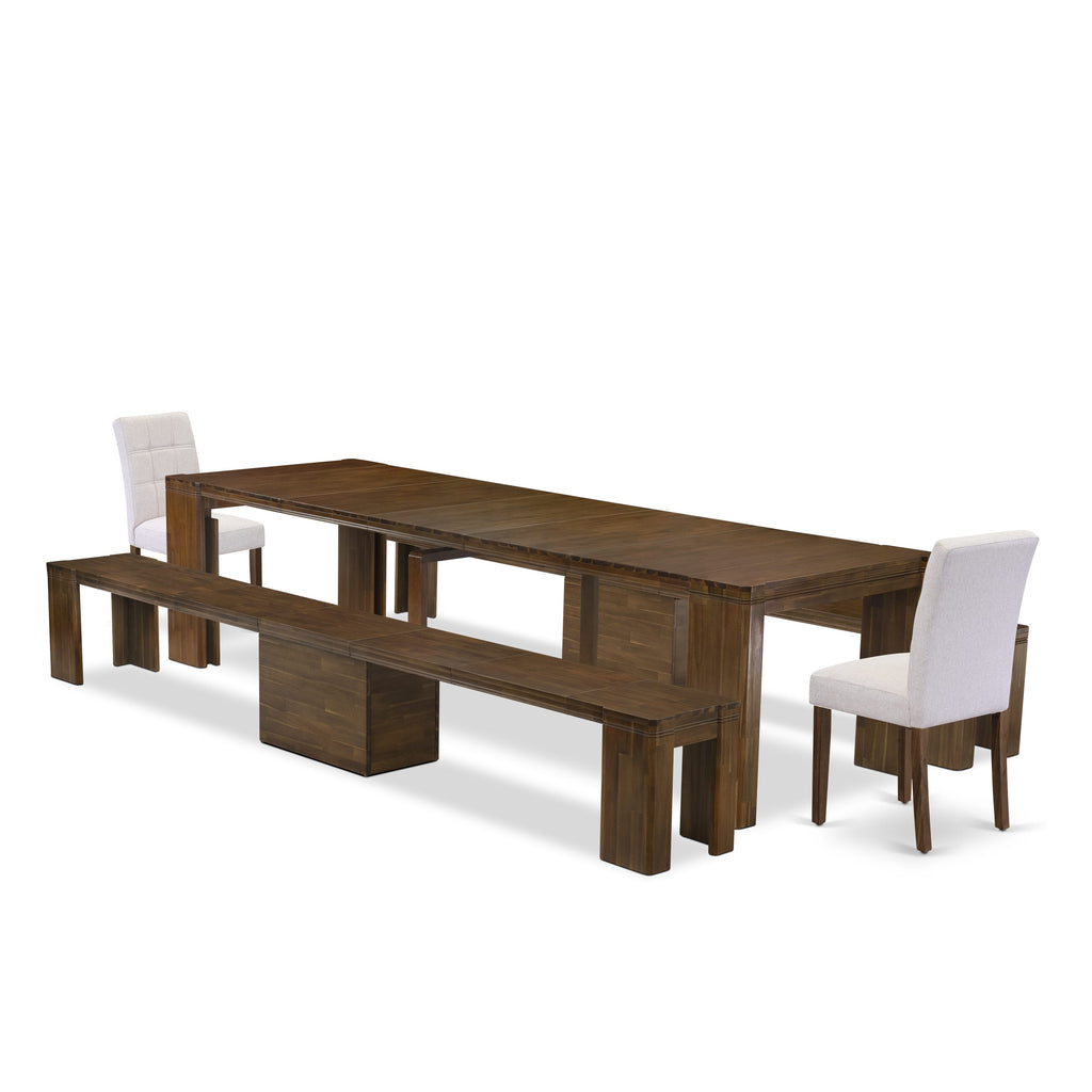 X02AS-ESD-1E Elegant Extendable Dining Ensemble Rectangle Table, 2 Chairs, 2 Benches – Antique Walnut Finish