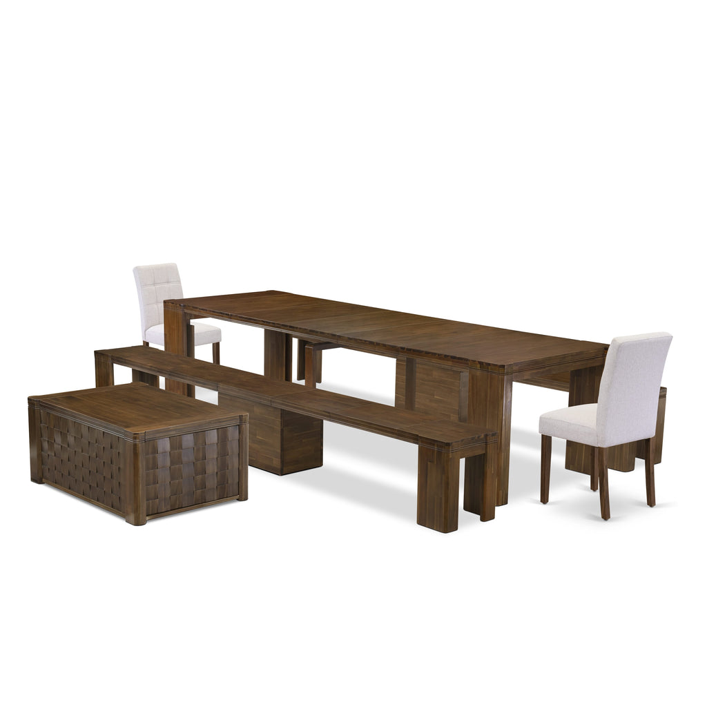 X02AS-2BH-O8 Elegant 6-Piece Dining Ensemble with Extendable Table, Coffee Table, Chairs & Benches in Warm Walnut Finish
