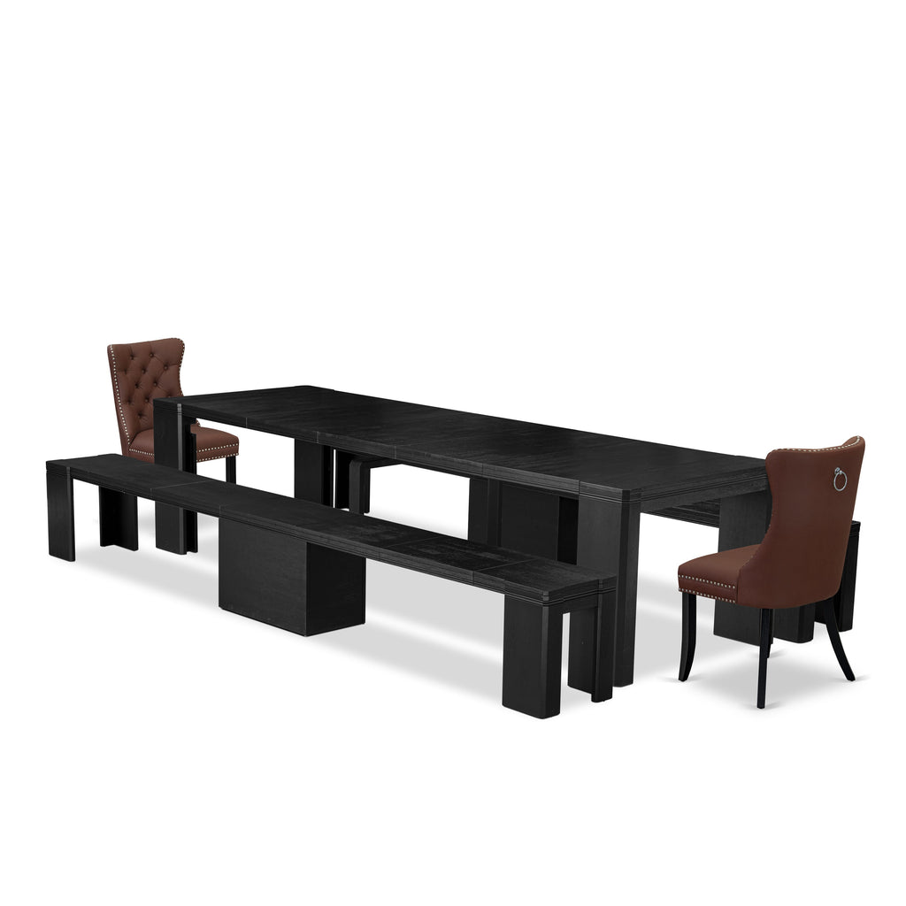X02DA-K4X-RT 5-Piece Elegant Dining Ensemble Black Wire Brush Finish with Faux Leather Chairs & Wood Benches