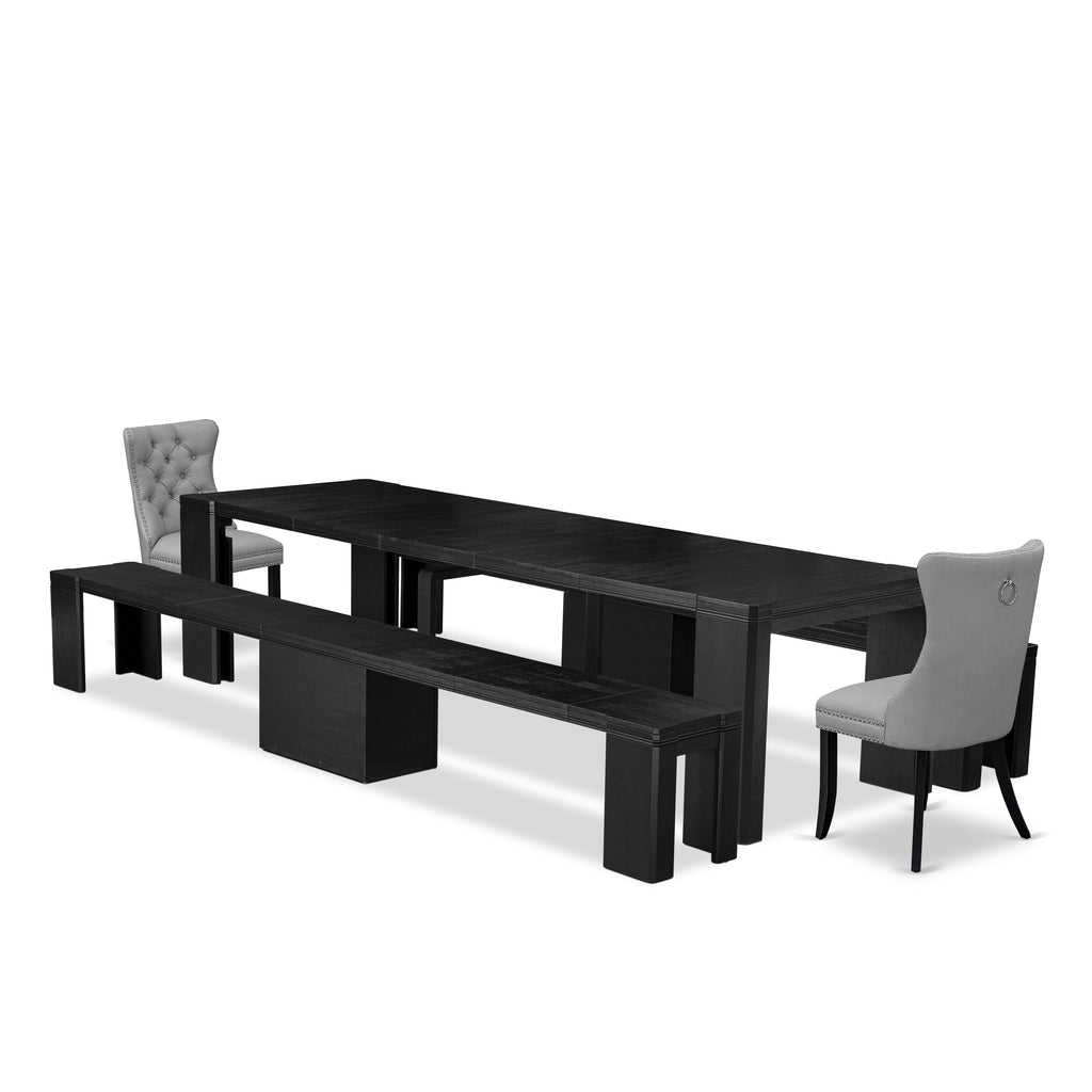 X02DA-F63-KX Elegant Five-Piece Dining Set with Rectangular Table, Wooden Benches & Gray Chairs in Black