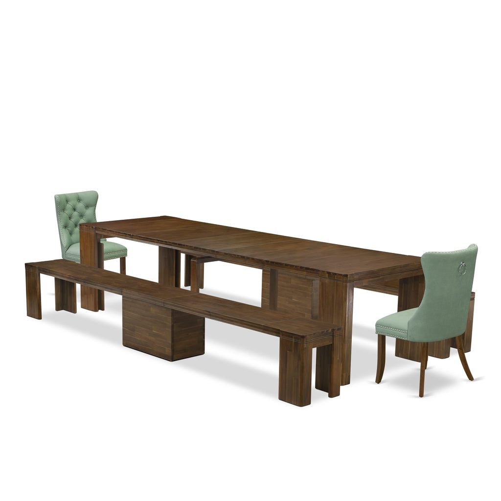 X02DA-QH8-XQ Antique Walnut Luxe Extendable Dining Set with Two Dining Chairs and Benches, 5 Pieces Collection