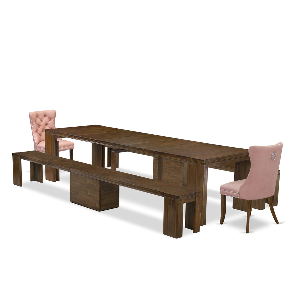 X02DA-Q8F-ND Elegant Extendable Dining Set with Wooden Table, Chairs & Benches in Walnut Charm