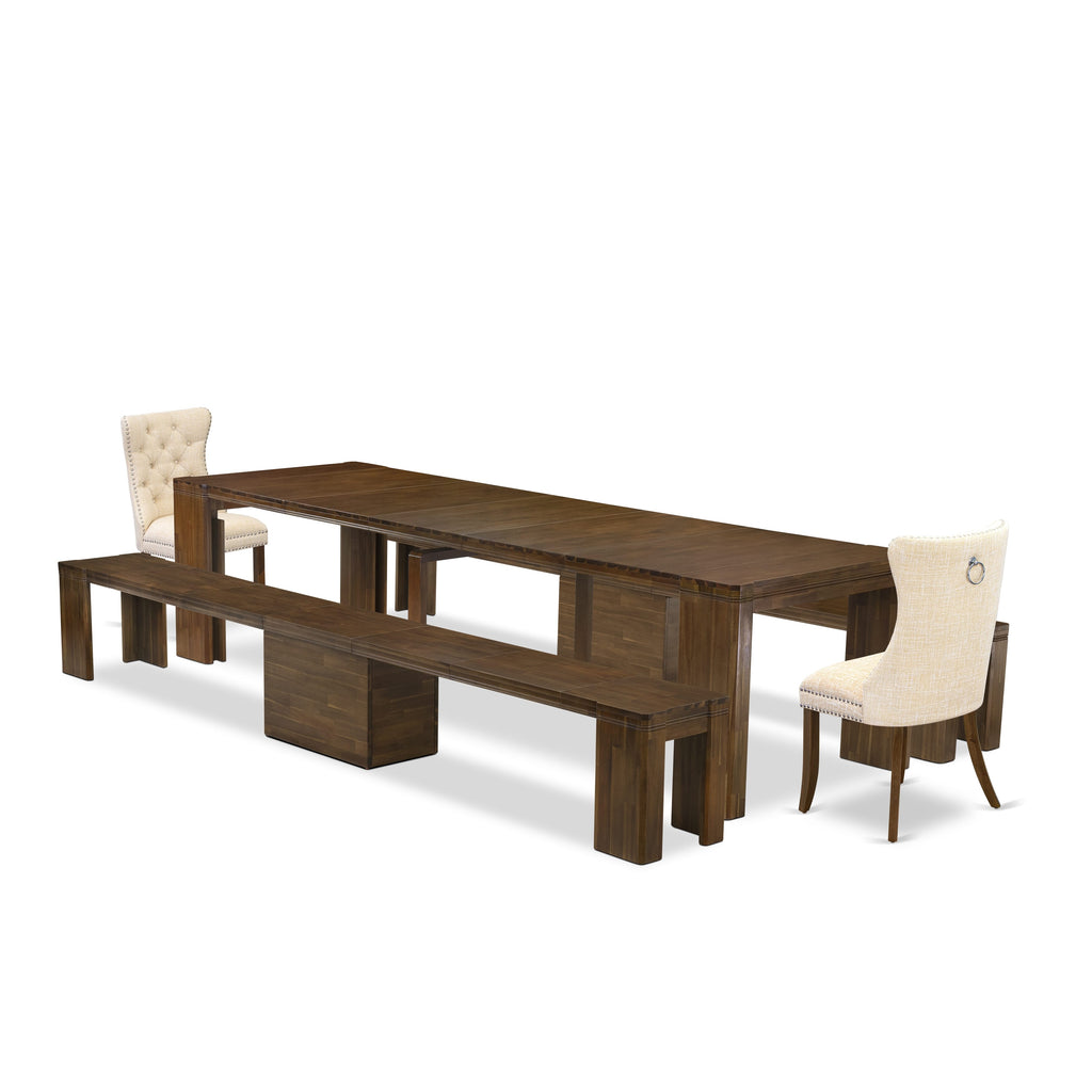 Chic Dining Ensemble X02DA-ALL-2P 5-Piece Set with Extendable Table, Chairs, and Benches in Walnut