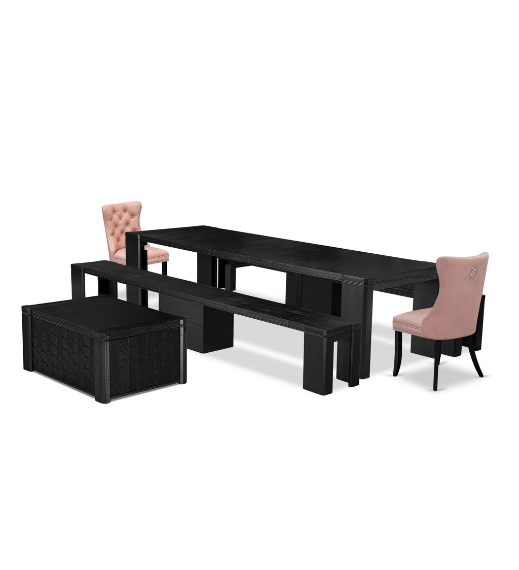 X02DA-OC4-BH Deluxe Dining Ensemble featuring Table, Benches, and Faux Leather Chairs in Chic Black Finish