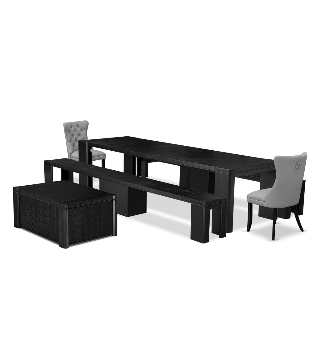 X02DA-SN7-3P 6-Piece Elegant Dining Table Ensemble with Rectangular Table, Coffee Table, 2 Wooden Benches & Faux Leather Chairs in Black Finish