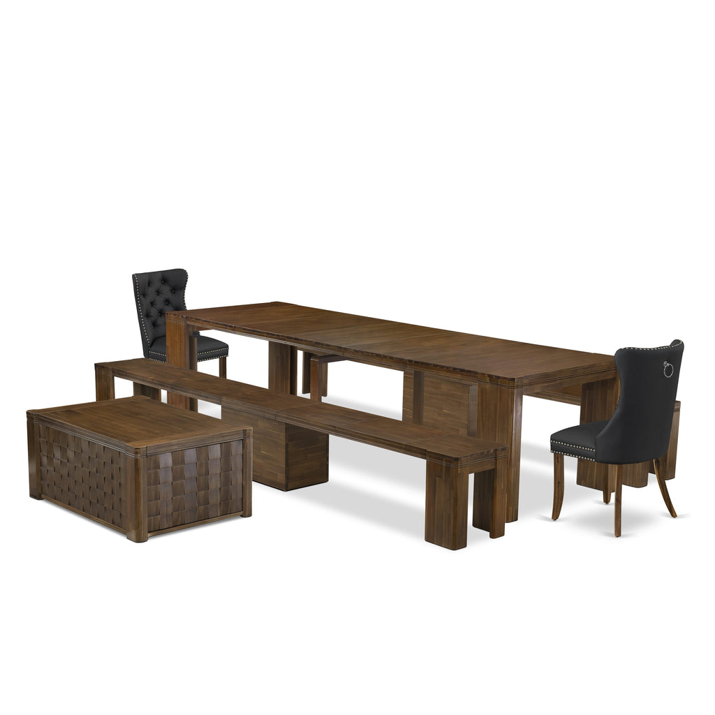 X02DA-WKP-L9 Antique Walnut Dining Ensemble with Extendable Table, Chairs, and Benches, 6-Piece Set