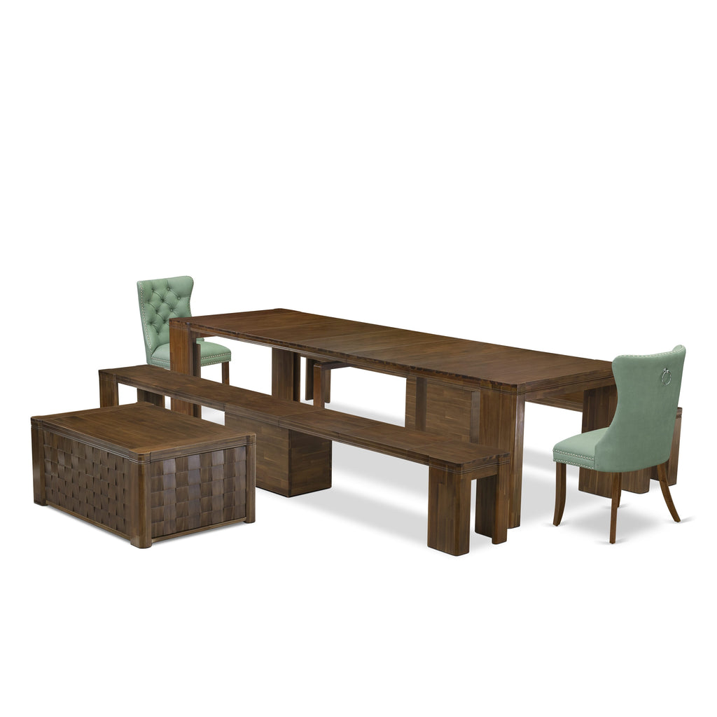X02DA-VSC-BU Exquisite 6-Piece Expandable Dining Set with Rectangle Table, 2 Chic Chairs, 2 Stylish Benches and Coffee Table in Antique Walnut Finish