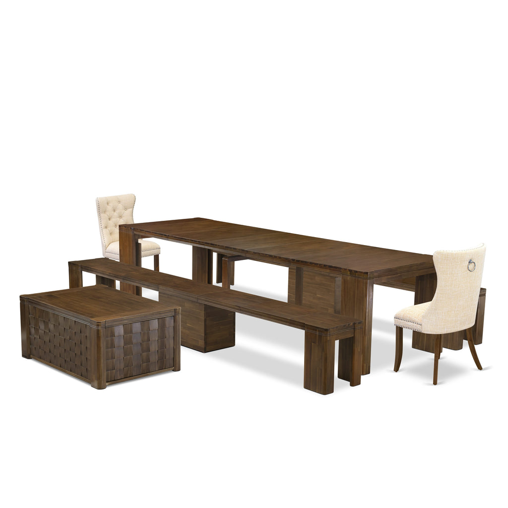 X02DA-ISI-FC 6-Piece Dining Set with Expandable Table, Coffee Table, Chairs & Benches in Antique Walnut Finish