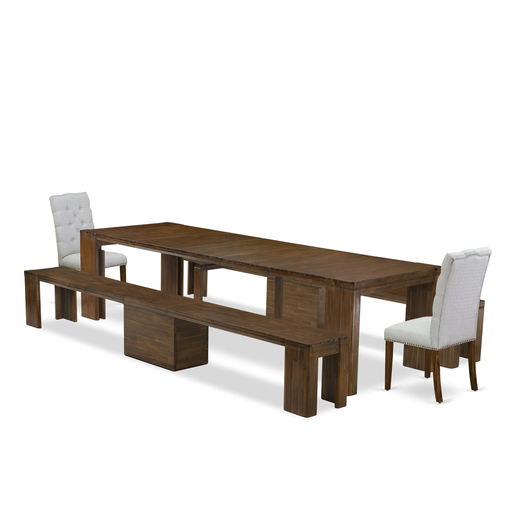 X02EL-LAS-7A Opulent 5-Piece Dining Set with Rectangle Table, Chairs & Benches – Antique Walnut Elegance
