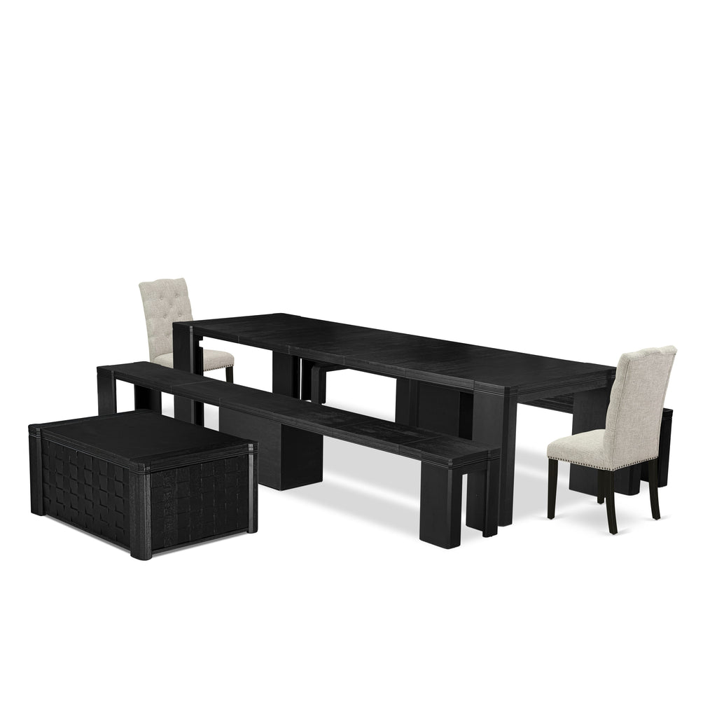 X02EL-HXF-W9 6-Piece Dining Set with Rectangular Table, 2 Wood Benches, Coffee Table & Chairs in Black Finish
