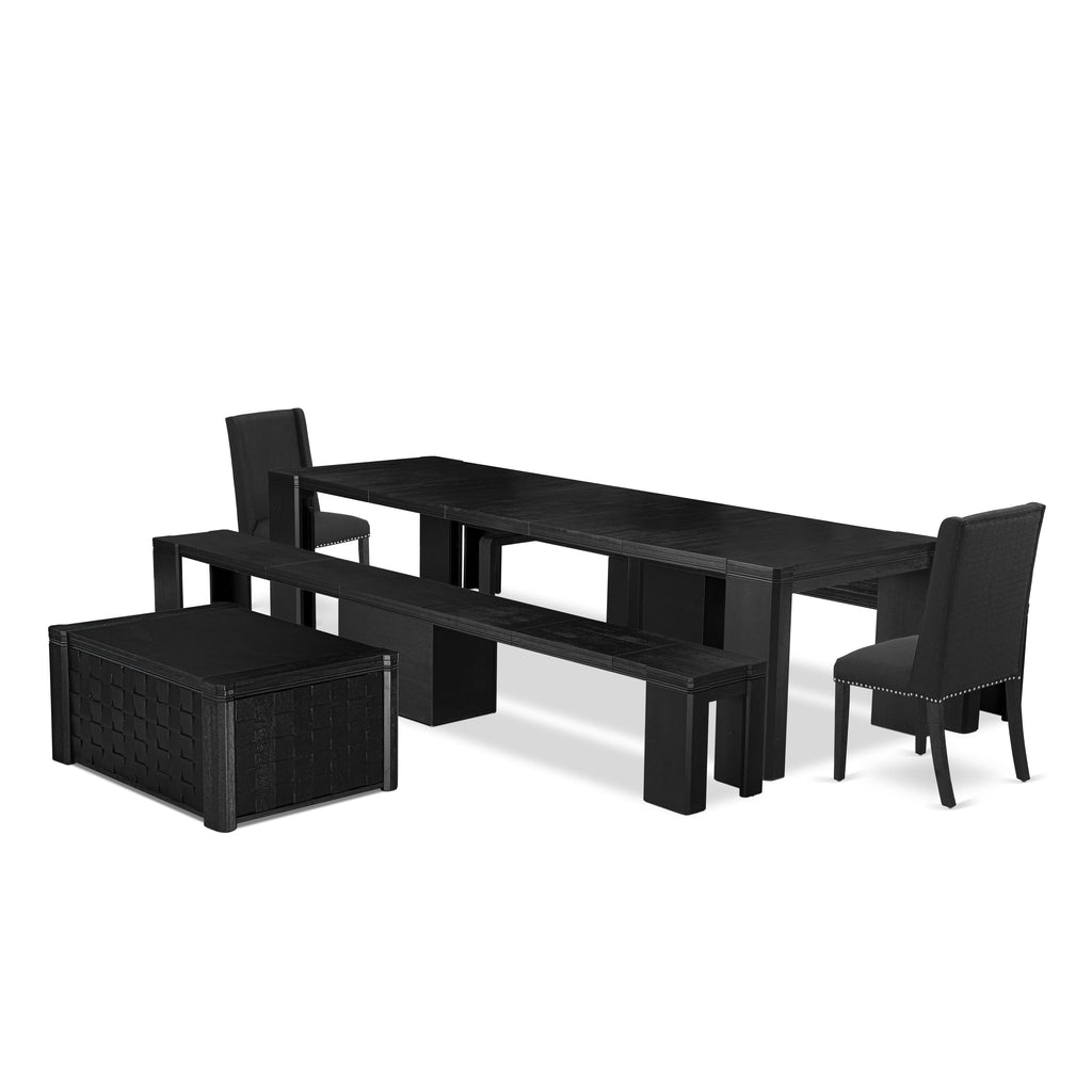 X02FL-RBM-2P Dining Ensemble Rectangular Table with Benches & Linen Chairs in Black Finish