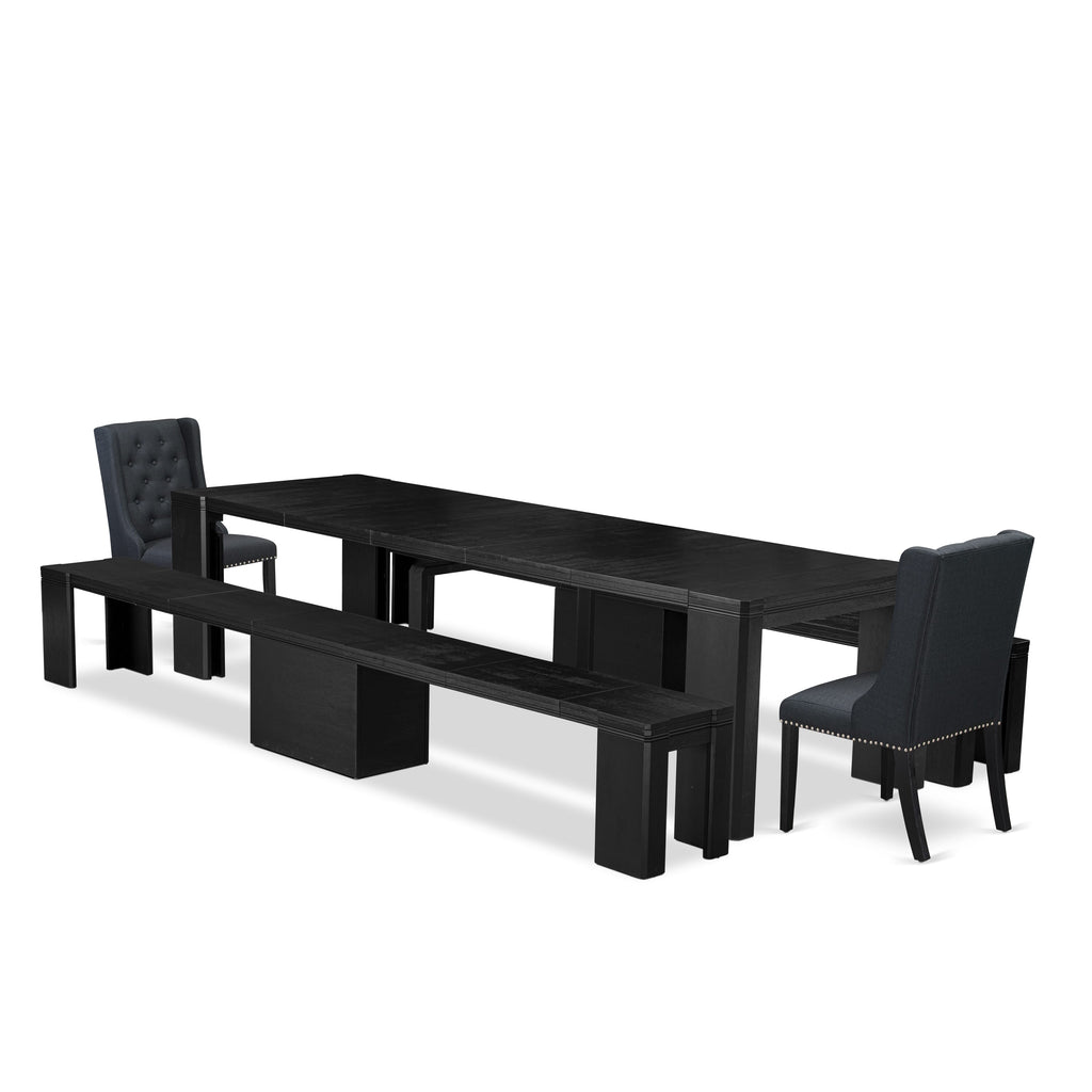 Contemporary 5-Piece Dining Ensemble with Rectangular Table & Benches - X02FO-IBZ-JI - Black Finish, Chic Seating Arrangement