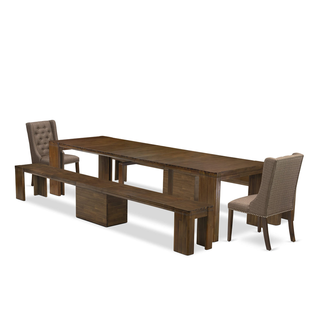 X02FO-F6U-1P Premium 5-Piece Dining Arrangement Rectangular Table, 2 Chairs & 2 Benches in Antique Walnut Finish