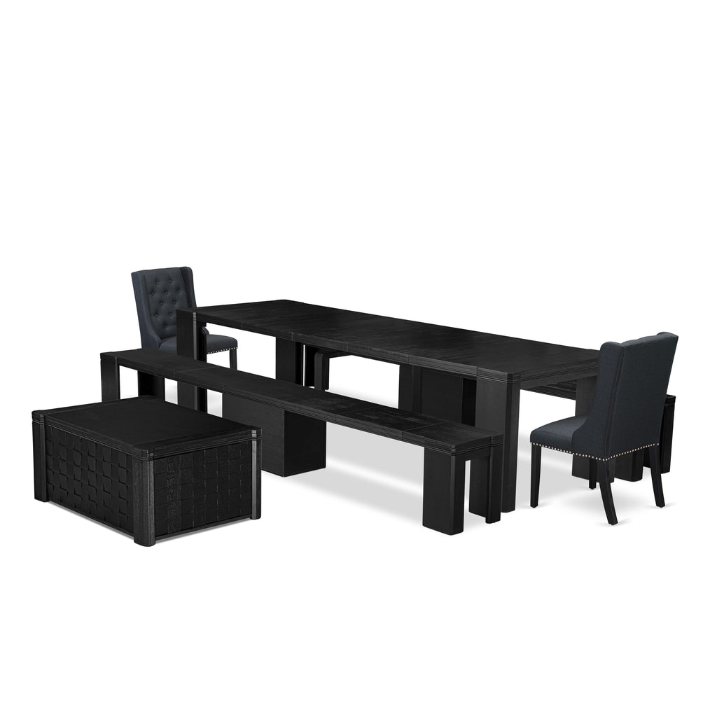X02FO-C96-DT 5-Piece Modern Dining Set with Rectangular Table, Benches, and Linen Chairs in Black Finish