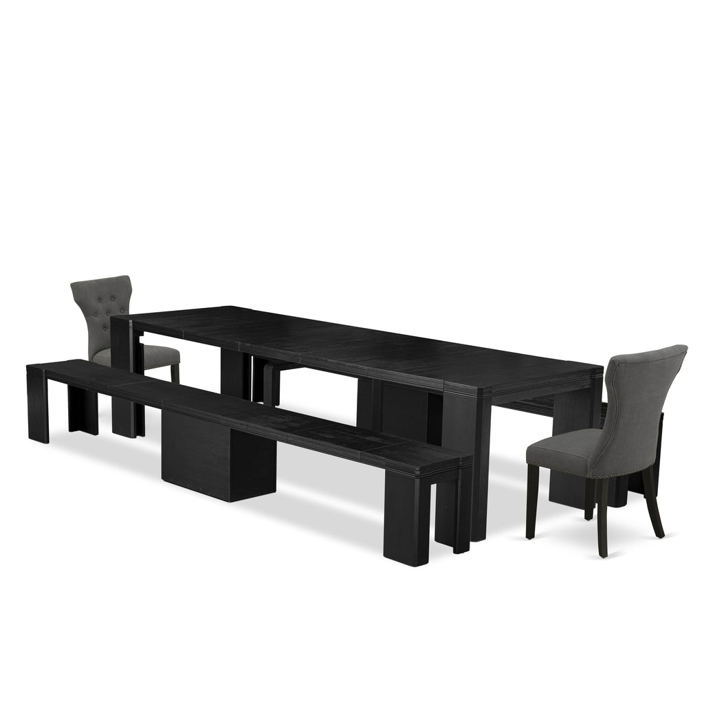 X02GA-BW7-I1 Luxe Dining Ensemble - 5-Piece Set with Rectangular Table, Benches & Chairs in Dark Linen, Black Wire Brushed Finish