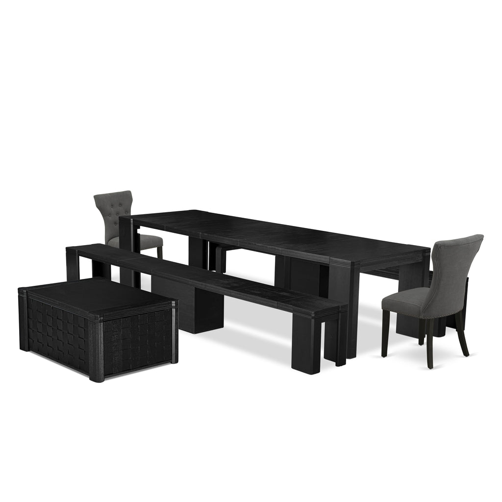 X02GA-6RD-E0 Elegant Dining Ensemble 6-Piece Round Table Set with Wooden Benches & Linen Chairs, Black Finish