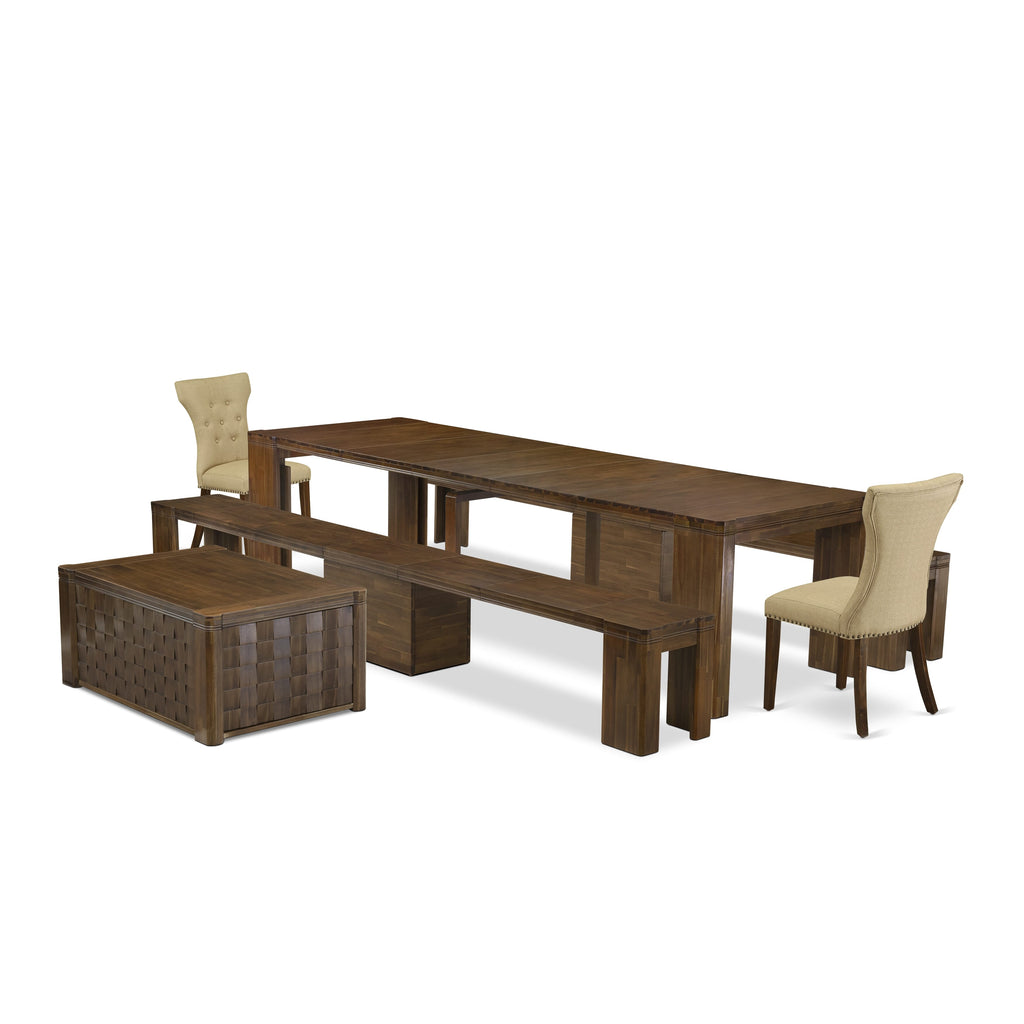 X02GA-GXU-MG Gourmet Elegance 6-Piece Extended Dining Ensemble Rectangular Table with Coffee Companion, Chairs, and Sleek Benches, in Vintage Walnut