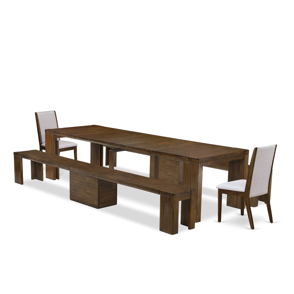 X02LA-PKI-J7 Exquisite 5-Piece Dining Ensemble with Extendable Table, Chairs, and Benches in Antique Walnut