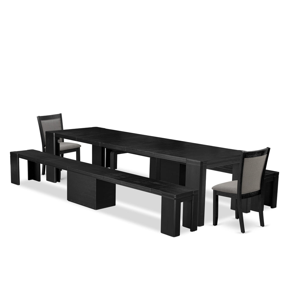 X02MZ-WBD-TH Rustic 5-Piece Dining Set Table, Benches & Dark Grey Linen Chairs in Black Wood Finish
