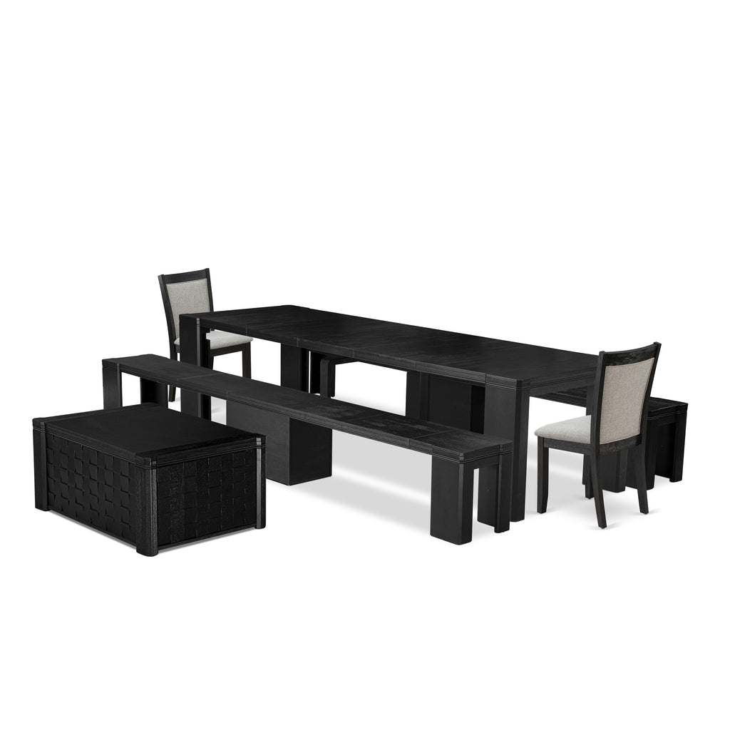 X02MZ-9V2-LC Premium 7-Piece Dining Set with Rectangular Coffee Table, Benches & Fabric Chairs in Black