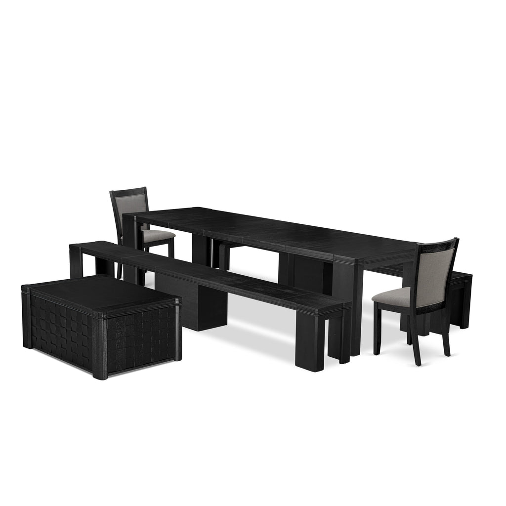 X02MZ-SI4-I3 6-Piece Dining Set Rectangular Table, Coffee Table, Benches & Linen Grey Chairs, Brushed Black