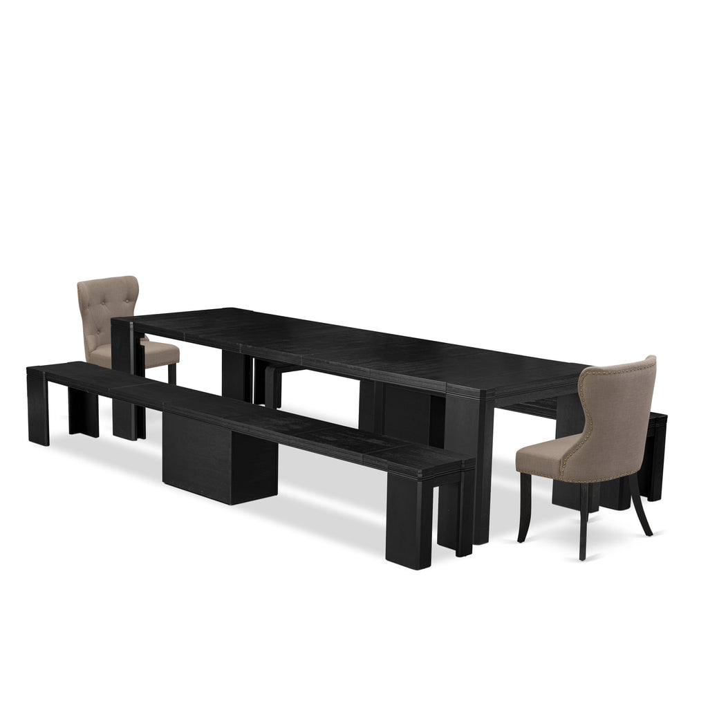 Sophisticated X02SI-JGU Dining Ensemble, 5-Piece Modern Set with Rectangular Table, Benches & Linen Seats in Black Brush