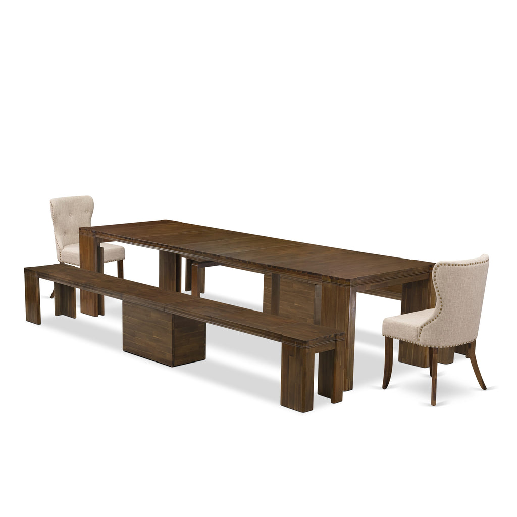X02SI-22J-TB 5-Piece Extendable Dining Set with Elegant Table, Chairs, and Benches in Rich Walnut Finish
