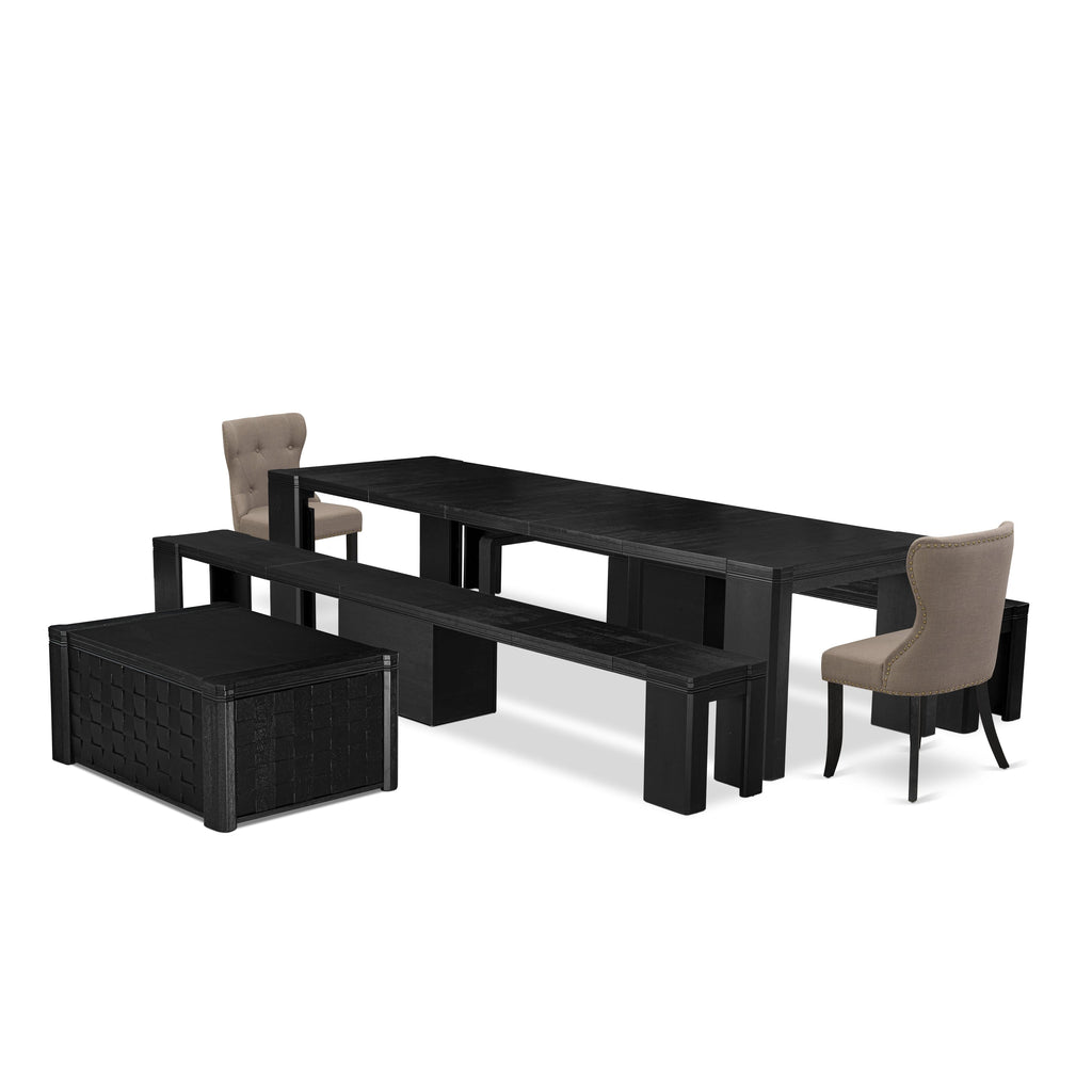 Refined X02SI-SB7-BT 6-piece Dining Ensemble with Rectangular Table, Benches, and Linen Chairs in Black Hue