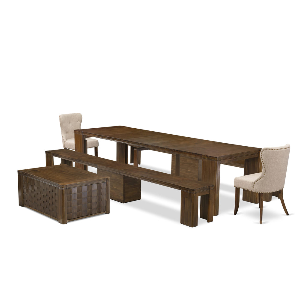 X02SI-FB2-XV 6-Piece Stylish Dining Ensemble with Extendable Table, Chair Pair, Benches & Coffee Table in Walnut Finish