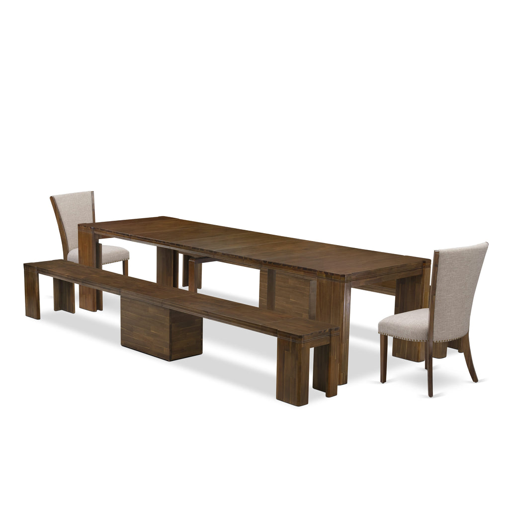 X02VE-04C-TQ Luxurious Extendable 5-Piece Dining Set with Rectangle Table, Chairs & Benches in Antique Walnut