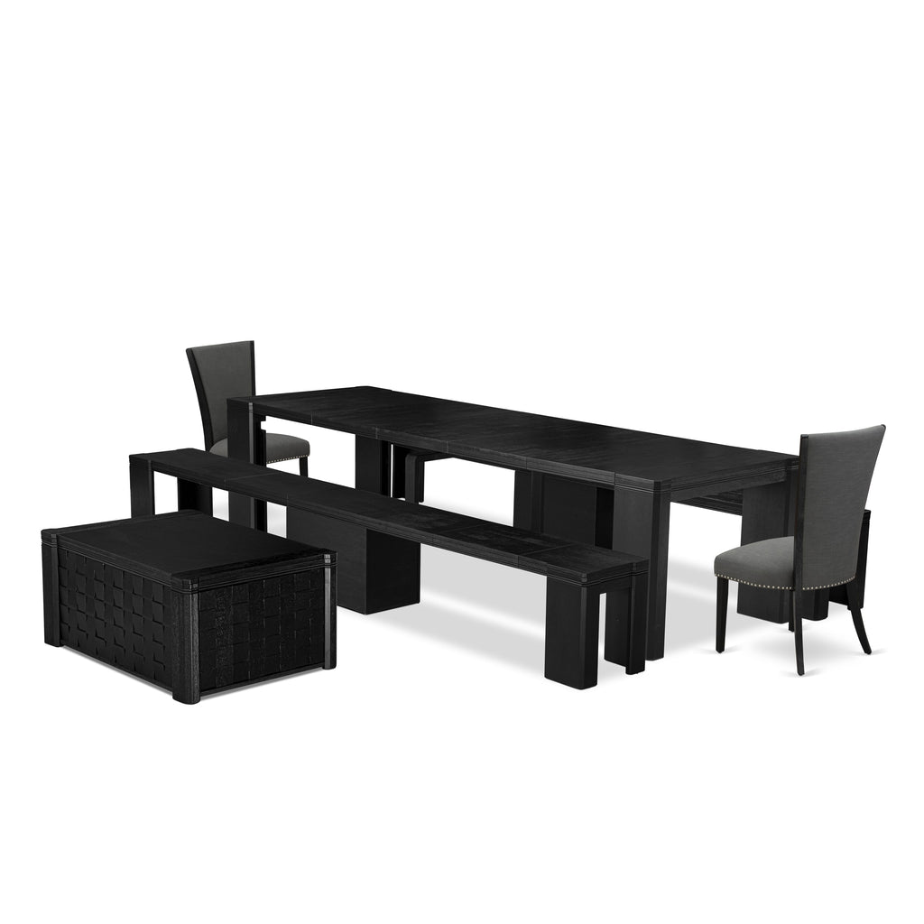 X02VE-5SO-72 Elegant 6-Piece Dining Set with Rectangular Table, Coffee Table, Wooden Benches & Linen Chairs