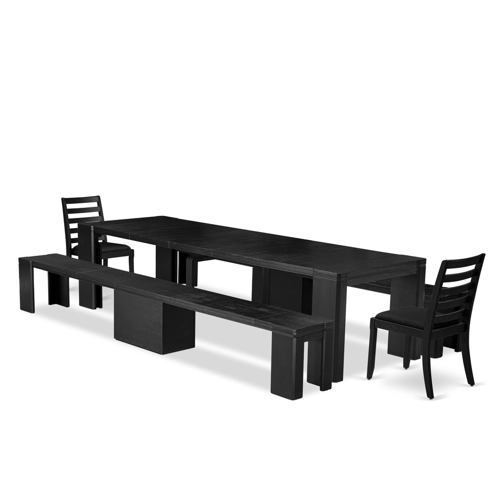 X02X1-DUZ-V4 5-Piece Modern Dining Set with Black Table, 2 Benches, and Fabric Chairs in Wire Brush Finish