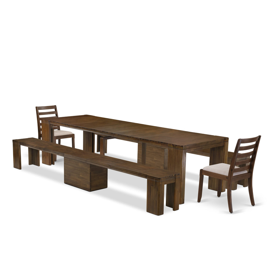X02X1-HCJ-GZ Stylish 5-Piece Rectangular Dining Set with Extendable Table, Chairs & Benches, Antique Walnut