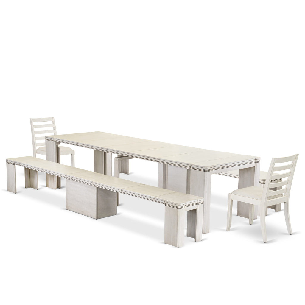 Revamped X02X1-64H-DX 5-Piece Dining Ensemble Extendable Rectangular Table, Chairs & Benches in Antique White