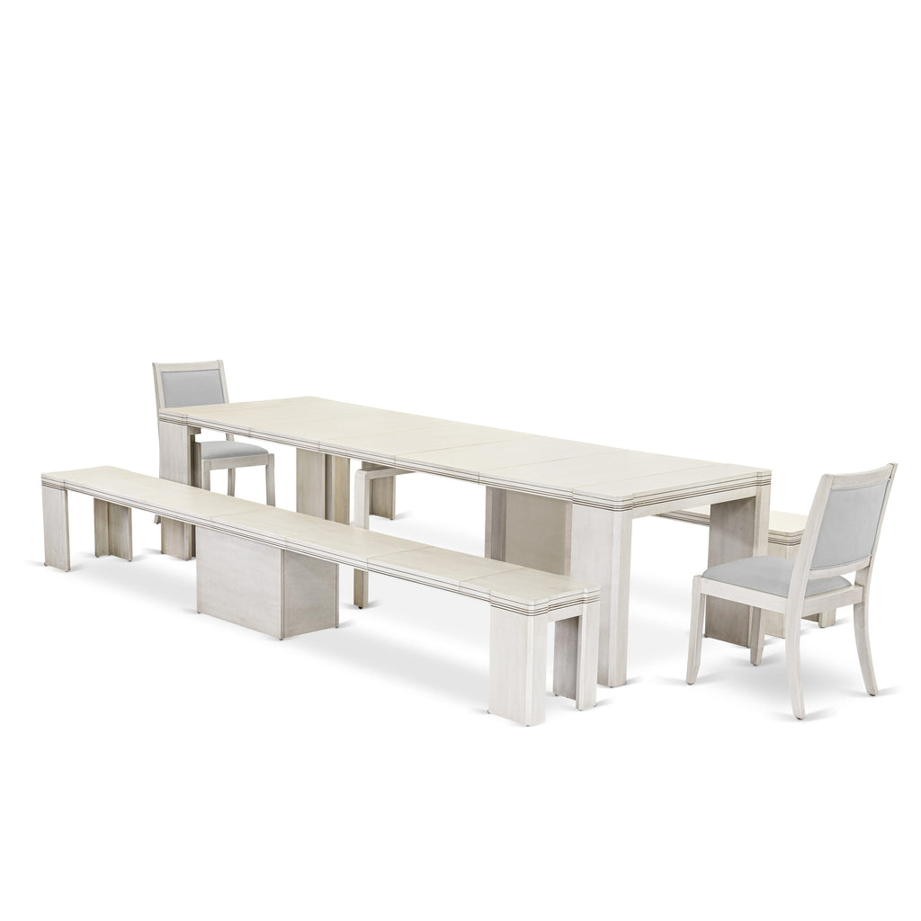 X02X2-9TD-KS Antique White Dining Suite Extendable Table & Seating Ensemble with 2 Chairs & Benches