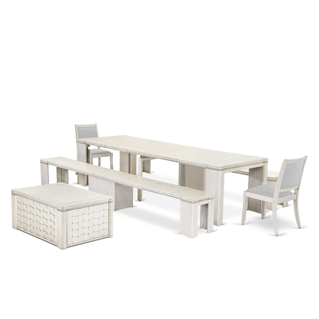X02X2-77N-PD 6 Piece Expandable Dining Collection Table, Coffee Table, 2 Chairs & 2 Benches in Antique White